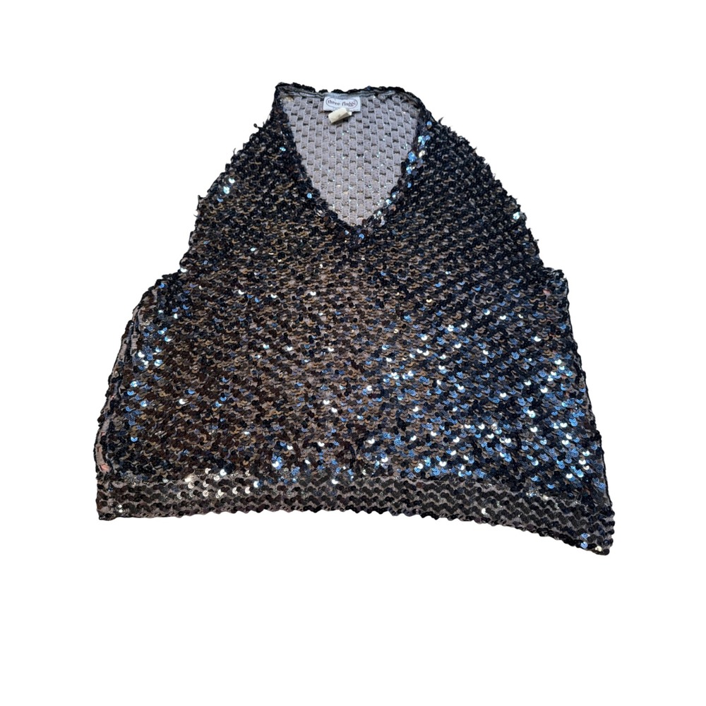 Vintage Three Flaggs California Sequin Ombre Halter‎ Top Black Silver Medium